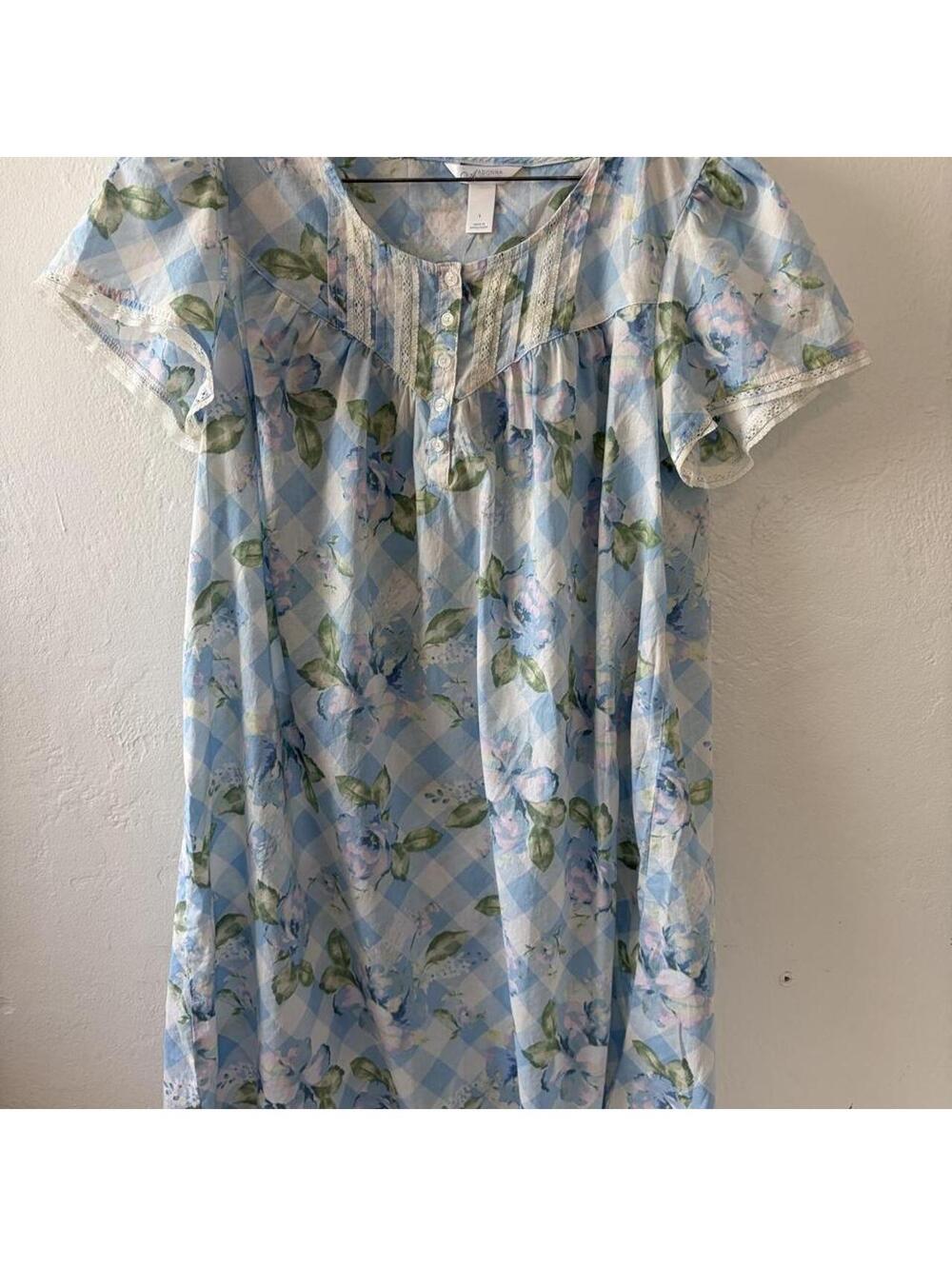 Aadonna Sleepwear Blue & White Gingham with Green Floral Print Nightgown Size L